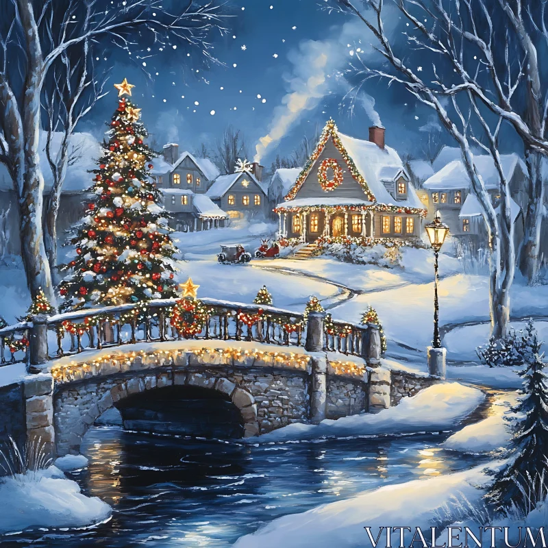 Festive Winter Night in a Snow-covered Village AI Image