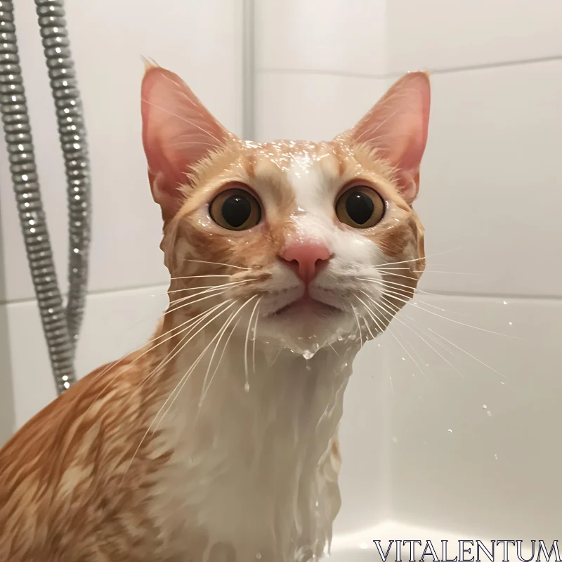 Big-Eyed Wet Cat in Bath AI Image