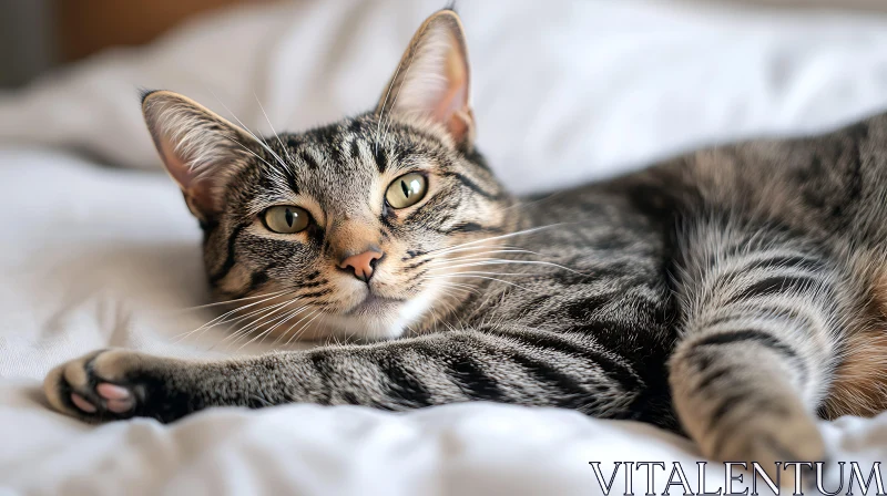 Relaxed Feline Lying on Bed AI Image