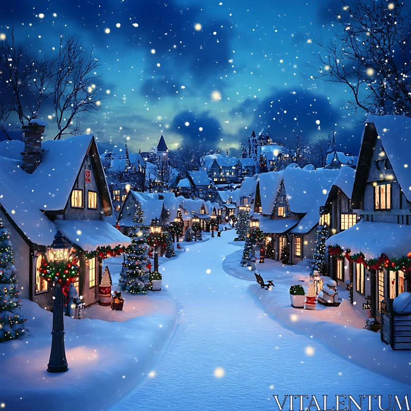 Scenic Snowy Village During Christmas AI Image