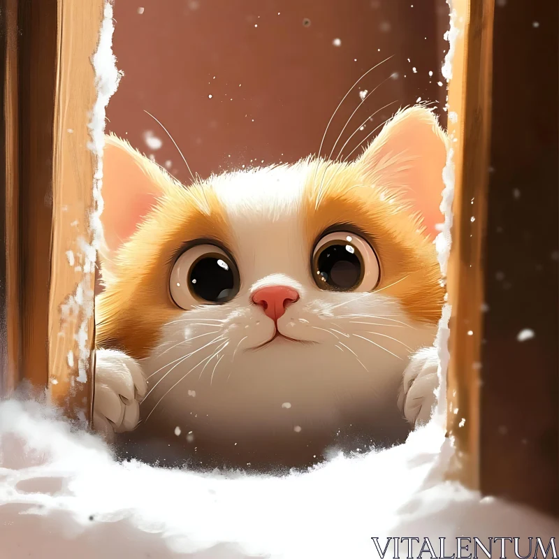 Cute Ginger Kitten in Snow AI Image