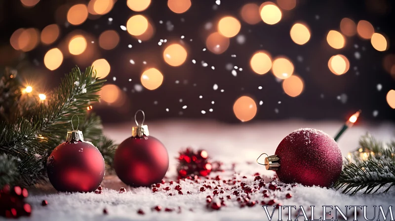 AI ART Festive Red Baubles in Snow with Bokeh Lights