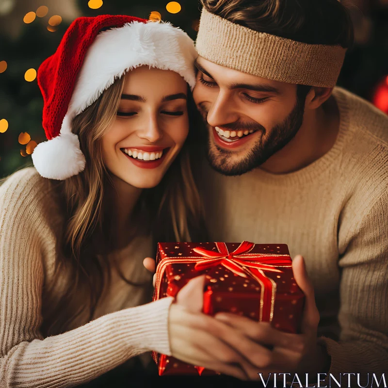 Heartwarming Christmas Moment: Couple Sharing a Gift AI Image