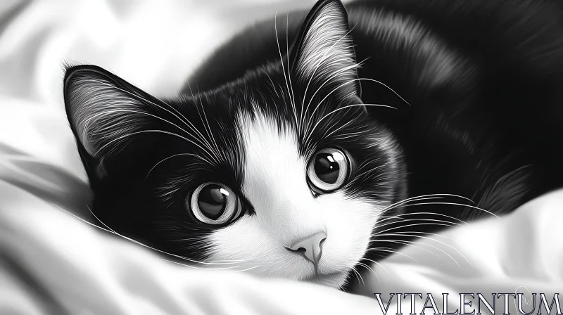 Black and White Kitten Resting Comfortably AI Image