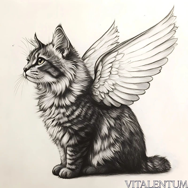 Angelic Winged Feline Drawing AI Image