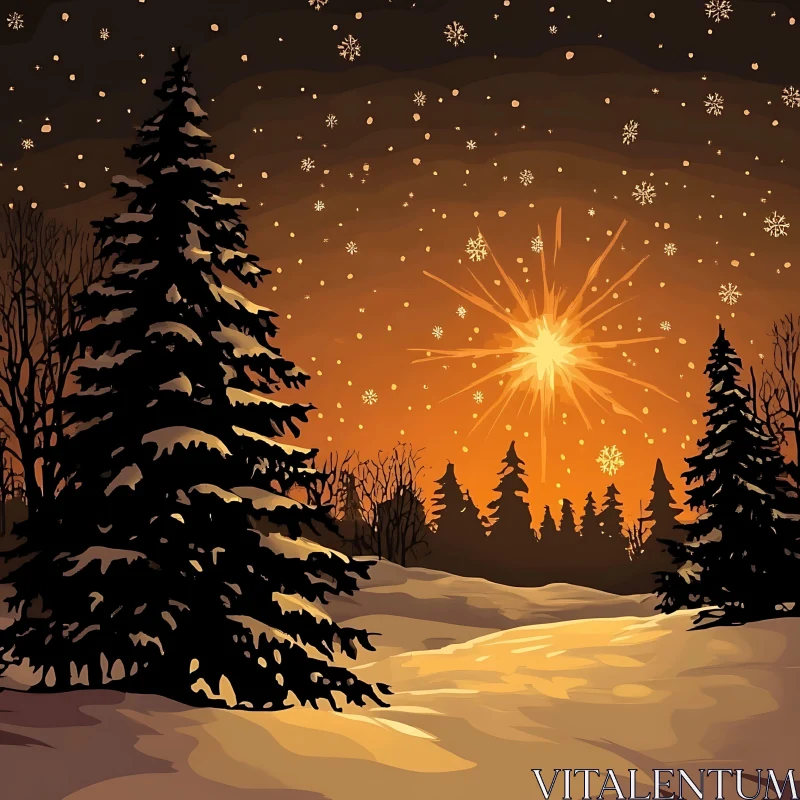 Snowy Pine Trees at Sunset Under a Golden Sky AI Image