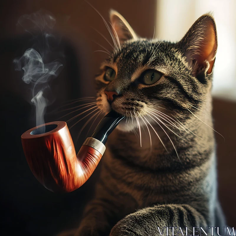 Whiskered Feline with Pipe AI Image