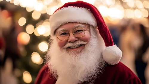 Cheerful Santa with Bokeh Christmas Lights Background