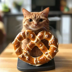 Adorable Ginger Cat Behind a Salted Pretzel