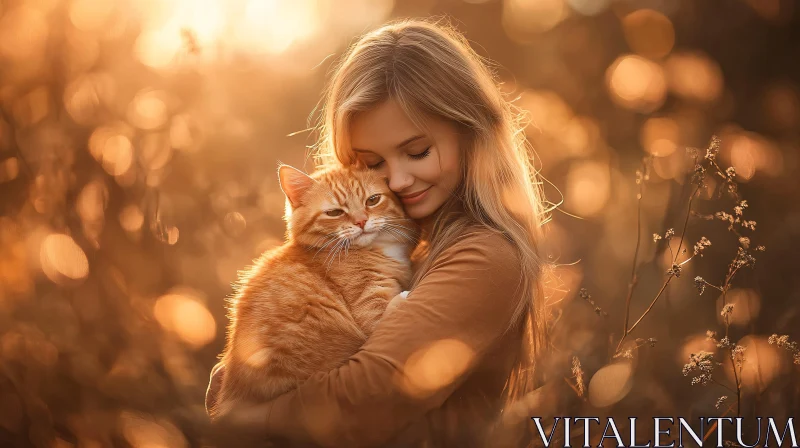 Embrace of Warmth: Woman and Cat at Sunset AI Image