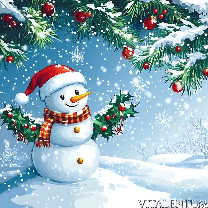 Holiday Snowman with Santa Hat and Scarf AI Image