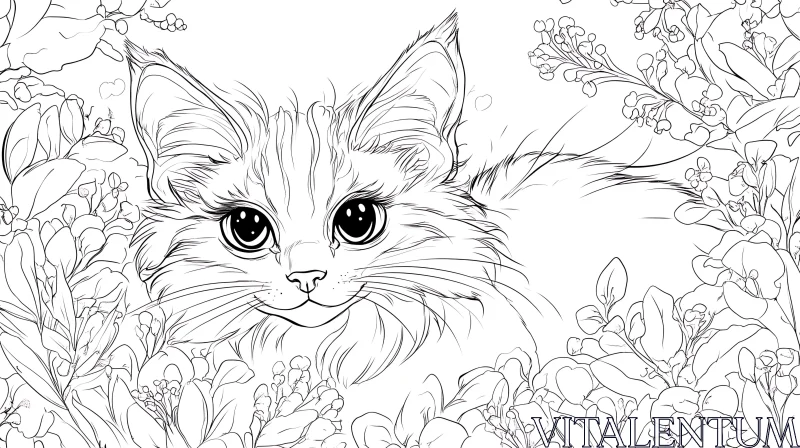 Whimsical Kitten Among Blooms Line Drawing AI Image