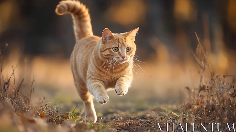 Tabby Cat Leaping in Fall Field AI Image