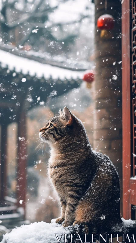 Peaceful Cat in Snowy Setting AI Image