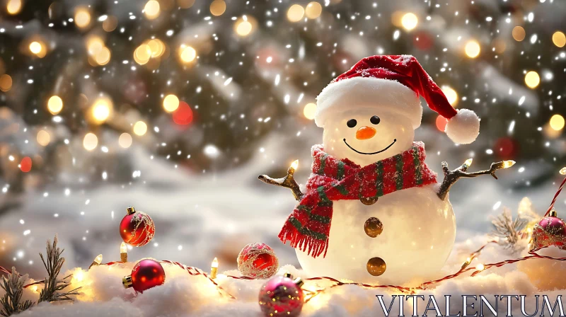 Christmas Snowman Amidst Holiday Lights and Snow AI Image