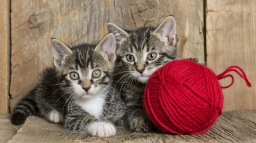 Adorable Tabby Kittens with Red Yarn Ball