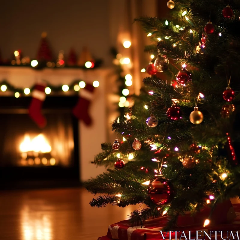 Festive Christmas Tree and Fireplace Scene AI Image