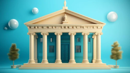 Classical Greek Temple 3D Illustration with Blue Columns and Spheres