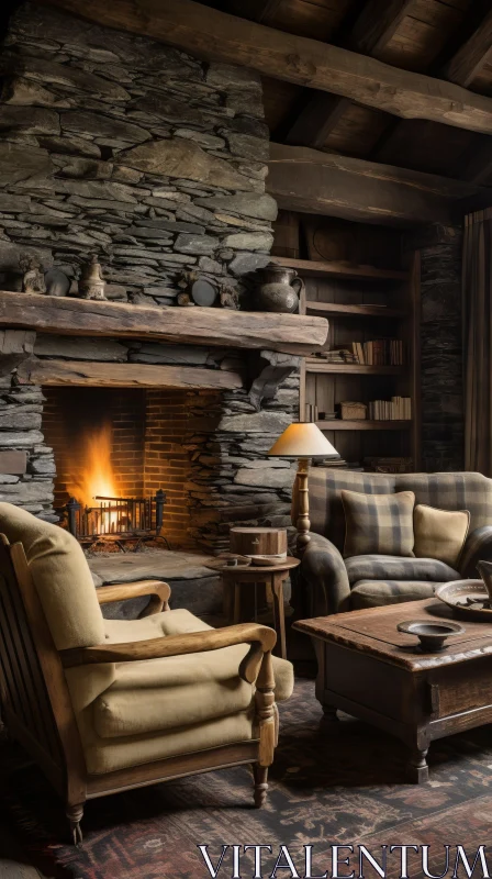 Cozy and Serene: Rustic Stone Fireplace in a Room AI Image