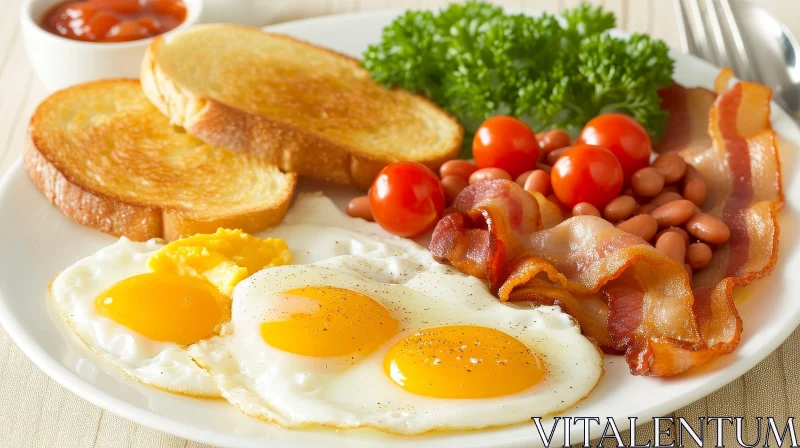 Delicious Plate of Food: Fried Eggs, Bacon, Baked Beans, and Toast AI Image