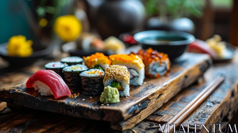 Delicious Sushi and Rolls on a Wooden Table AI Image