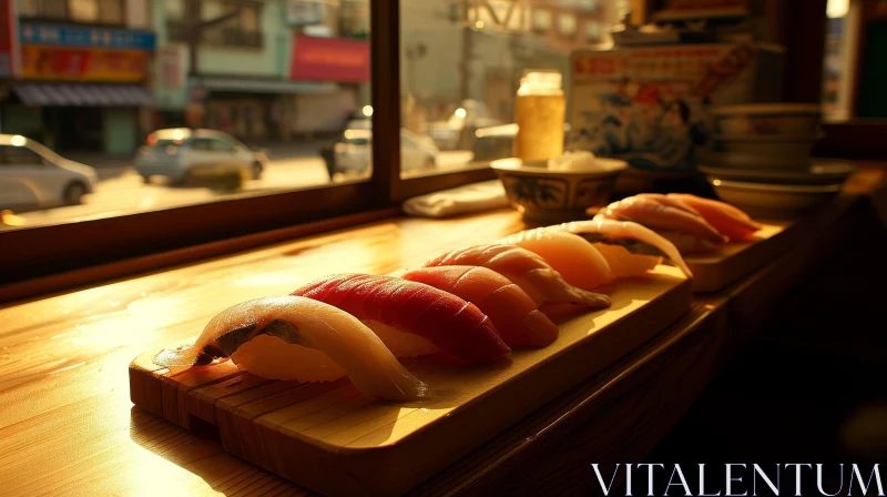 Delicious Sushi on a Wooden Plate AI Image