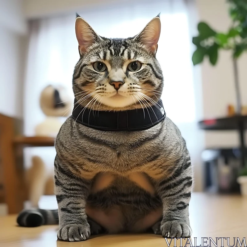 Tabby Cat Sitting on Wooden Floor AI Image