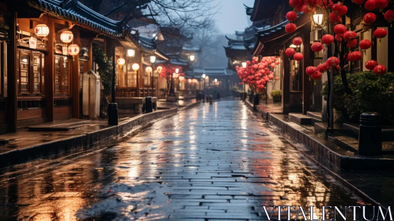 AI ART Enchanting Chinese Street with Red Lanterns in the Rain