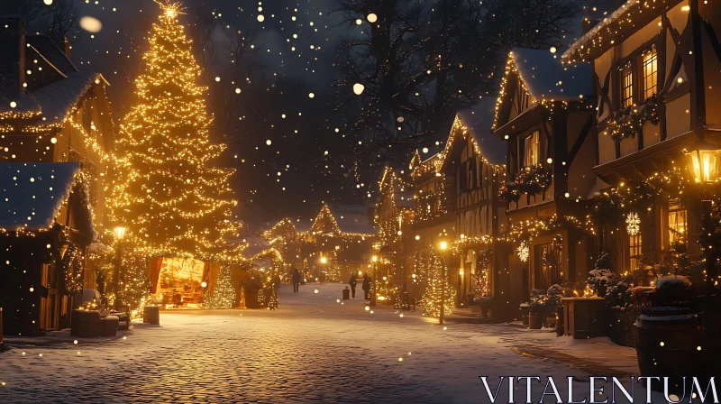 Festive Snowy Village Scene AI Image