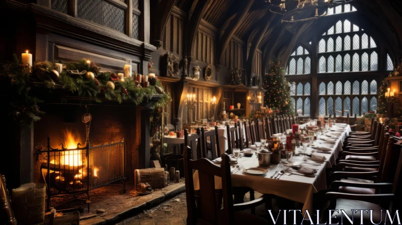 Festive Christmas Dinner in a Gothic Dining Room | Atmospheric Skies AI Image