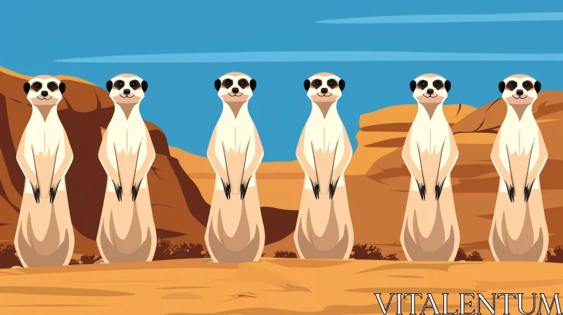 AI ART Five Meerkats in Desert - Wildlife Scene