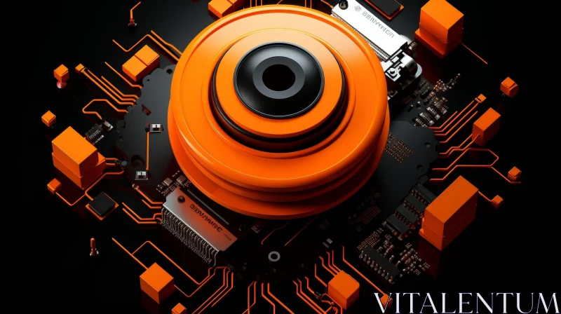 Futuristic 3D Rendering of Orange and Black Camera Lens on Circuit Board AI Image