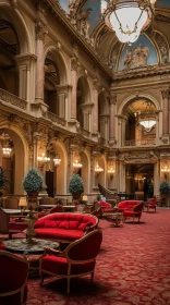 Grandiose Lobby with Red Couches in an Ornate Building