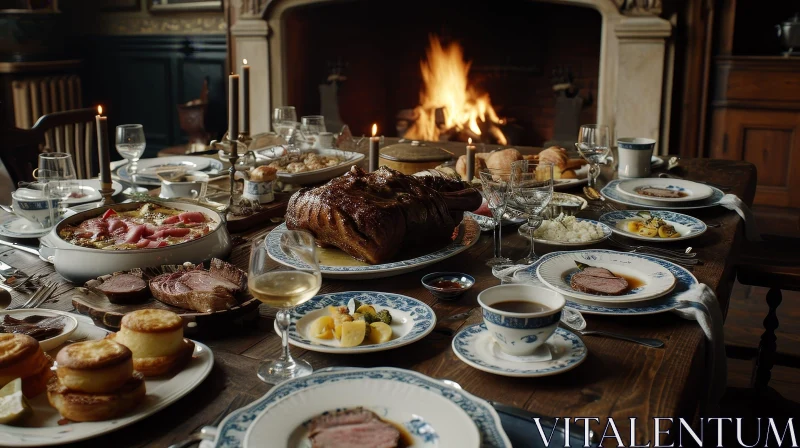 Opulent Feast: Lavishly Set Table with Roasted Turkey AI Image