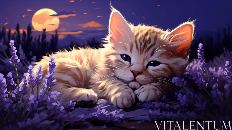 Serene Kitten Sleeping in Lavender Field AI Image