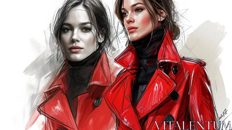 AI ART Stylish Woman in Red Trench Coat - Digital Painting