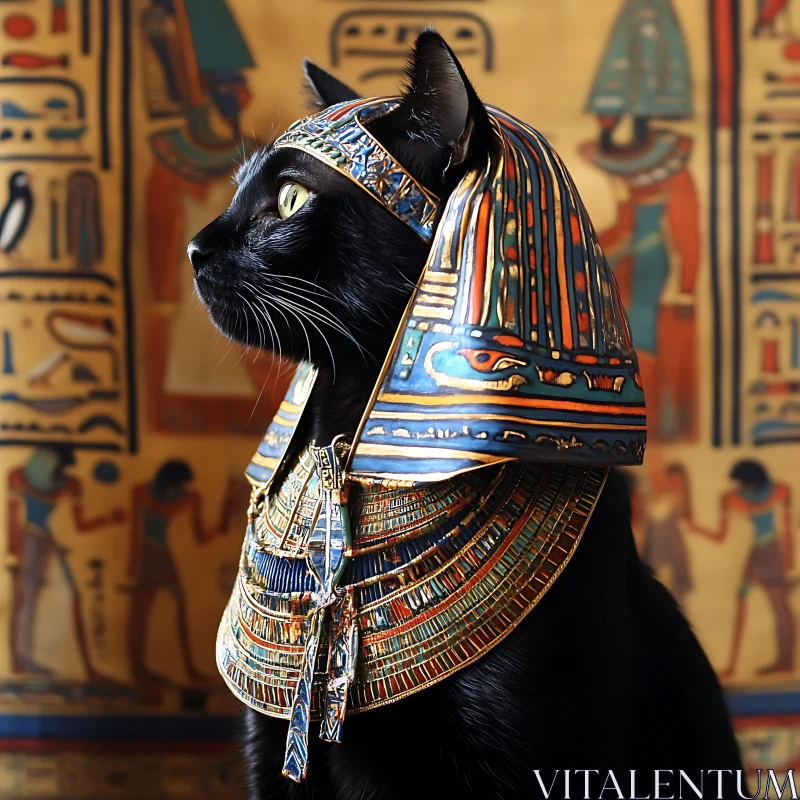 Black Cat with Pharaoh Attire & Ancient Egyptian Theme AI Image