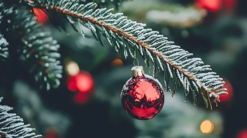 Festive Red Bauble on Frosty Pine Branch