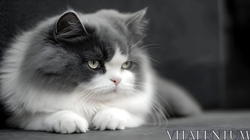 Resting Fluffy Cat with Gray and White Fur AI Image