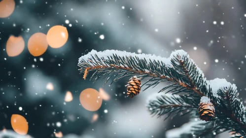 Snowy Pinecones on a Winter Branch