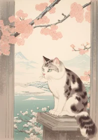 Traditional Cat with Blossom Background