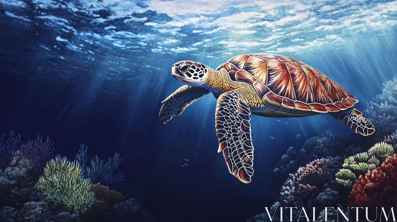 AI ART Sea Turtle and Coral Reef Underwater Scene