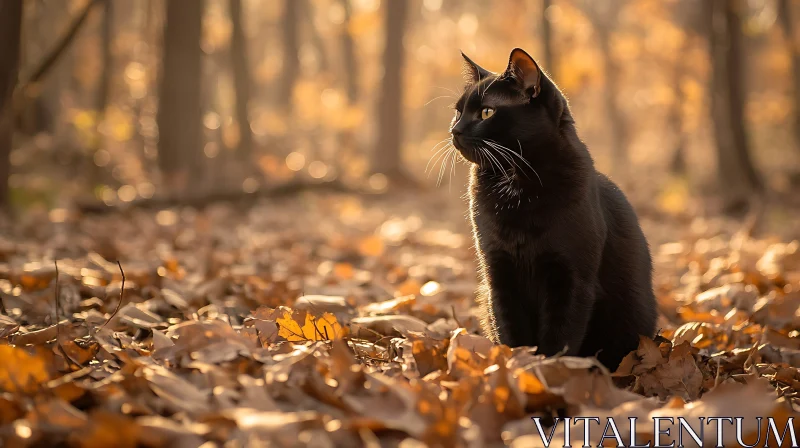 Autumn Serenity: Black Cat Among Fallen Leaves AI Image