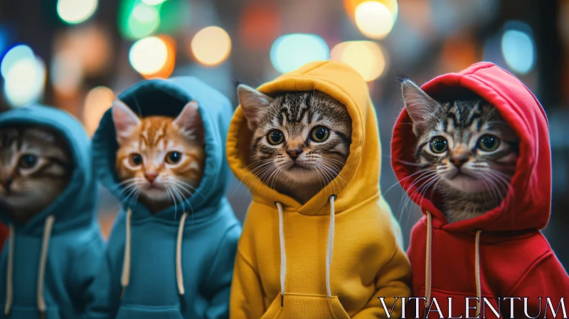 Cute Kittens Wearing Hoodies at Night AI Image