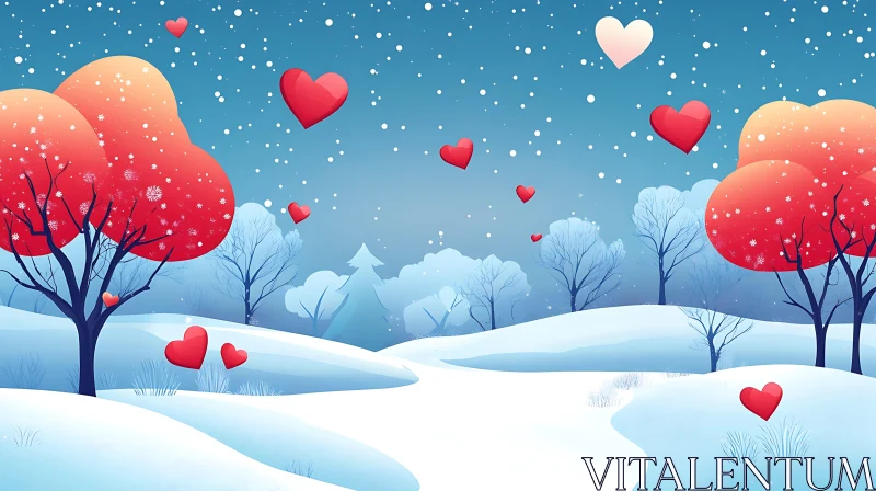 Snowy Landscape with Hearts and Vibrant Trees AI Image