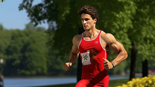 Athletic Young Male Runner in Red Singlet and Black Shorts