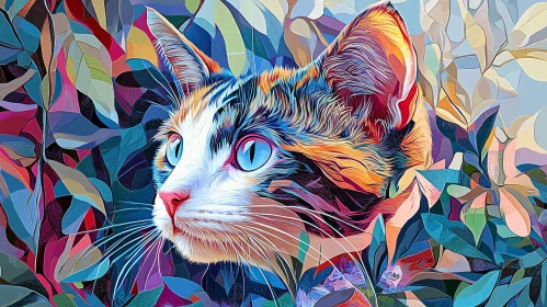 Colorful Cat in Abstract Leaves