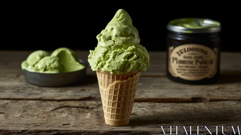 Delicious Matcha Green Tea Ice Cream Cone on Wooden Table AI Image