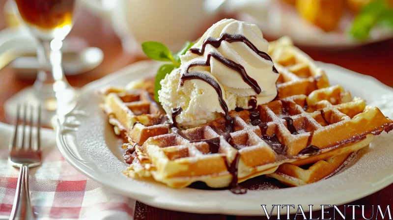 Delicious Waffles with Ice Cream and Chocolate Syrup | Food Photography AI Image