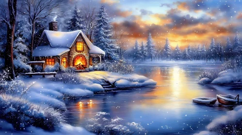 Winter Wonderland with Cozy Cabin and Sunset